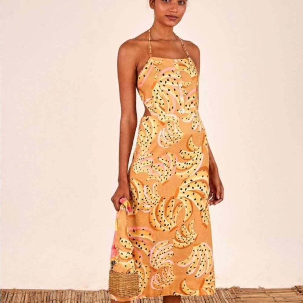NWT FARM Rio Caramel Raining Bananas Linen Midi Dress L